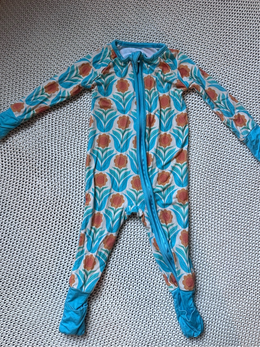 3-6 months Turquoise Floral Zip-Front Kids Footed One-Piece